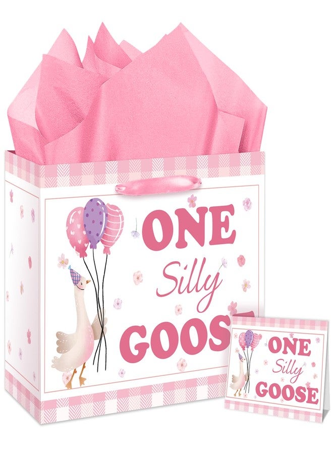RTMISA One Silly Goose Birthday Gift Bag with Tissue Paper and Greeting Card for One Year Old Girl First Birth Day Party Decorations Supplies - Image 1